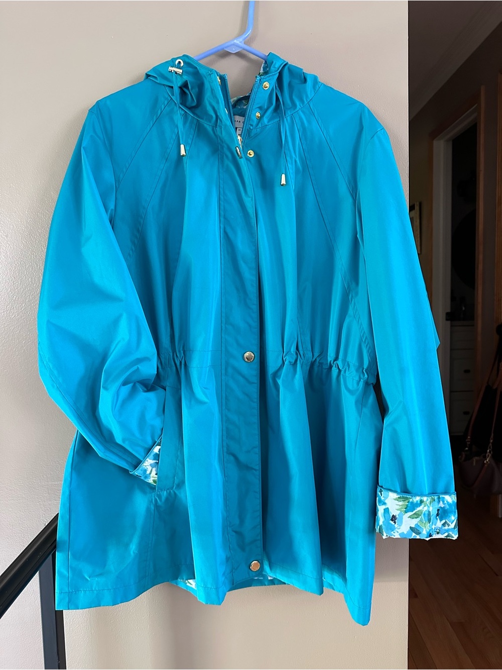 Susan Graver Teal lined Hooded Raincoat